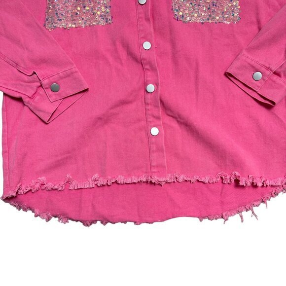 Fantastic Fawn Med Pink Denim Cowgirl Sequin Button Down‎ Raw Hem Barbie Jacket - Picture 4 of 12